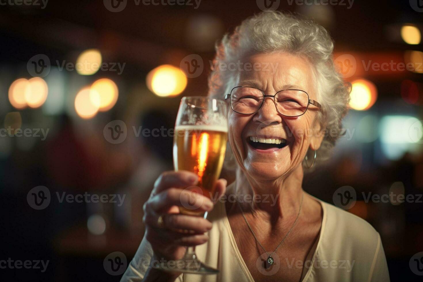 happy old woman holding a beer on the bar counter bokeh style background with Generative AI photo