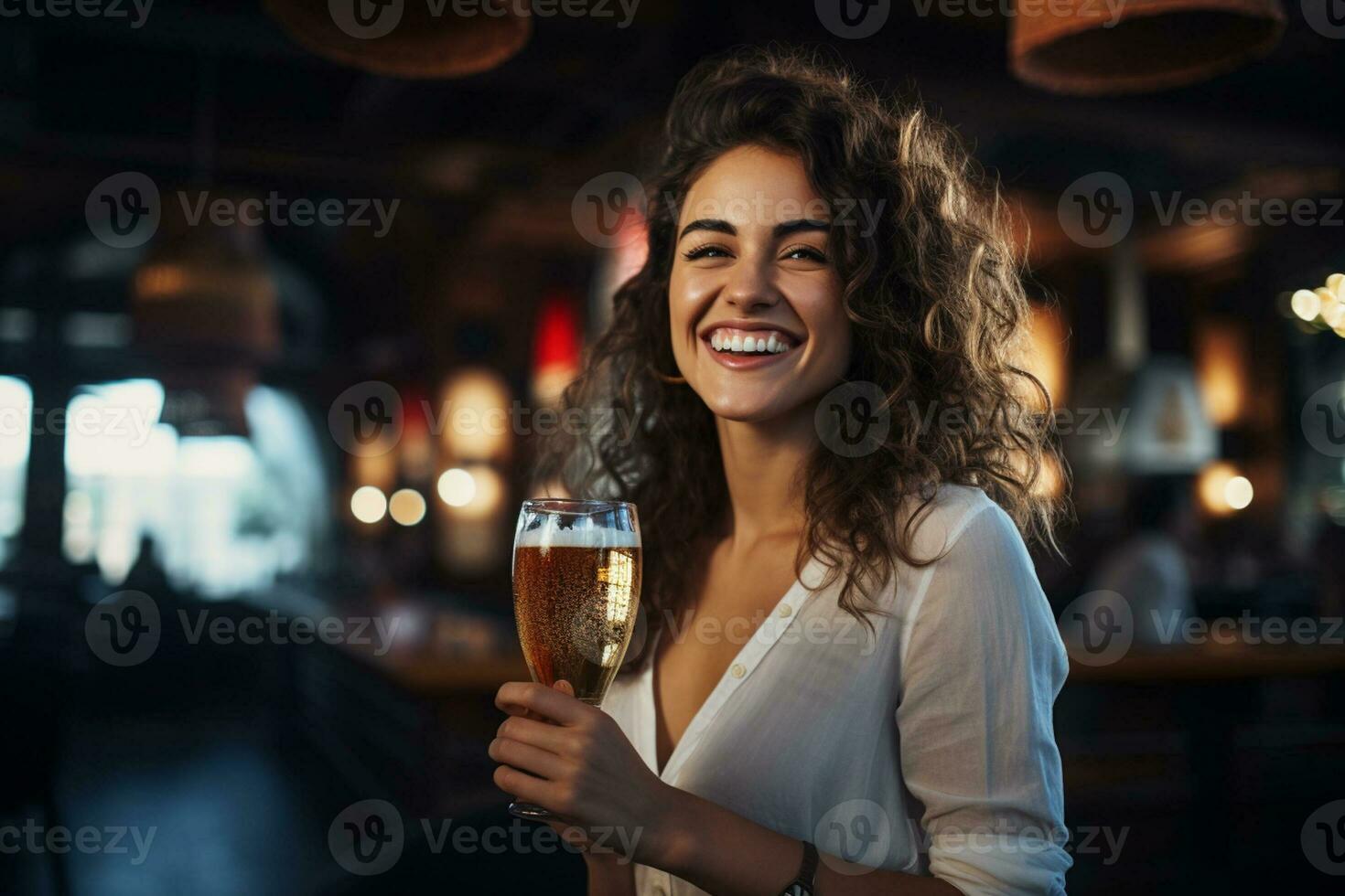 happy women holding a beer on the bar counter bokeh style background with Generative AI photo
