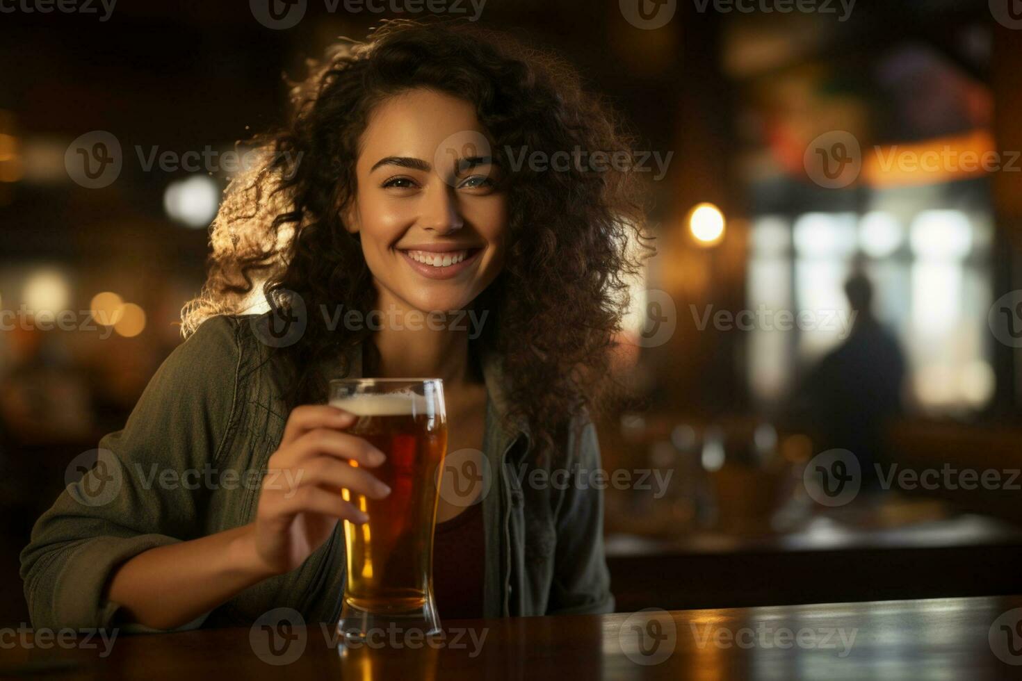 happy women holding a beer on the bar counter bokeh style background with Generative AI photo