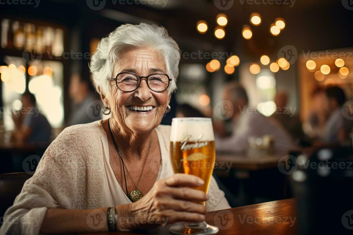 happy old woman holding a beer on the bar counter bokeh style background with Generative AI photo