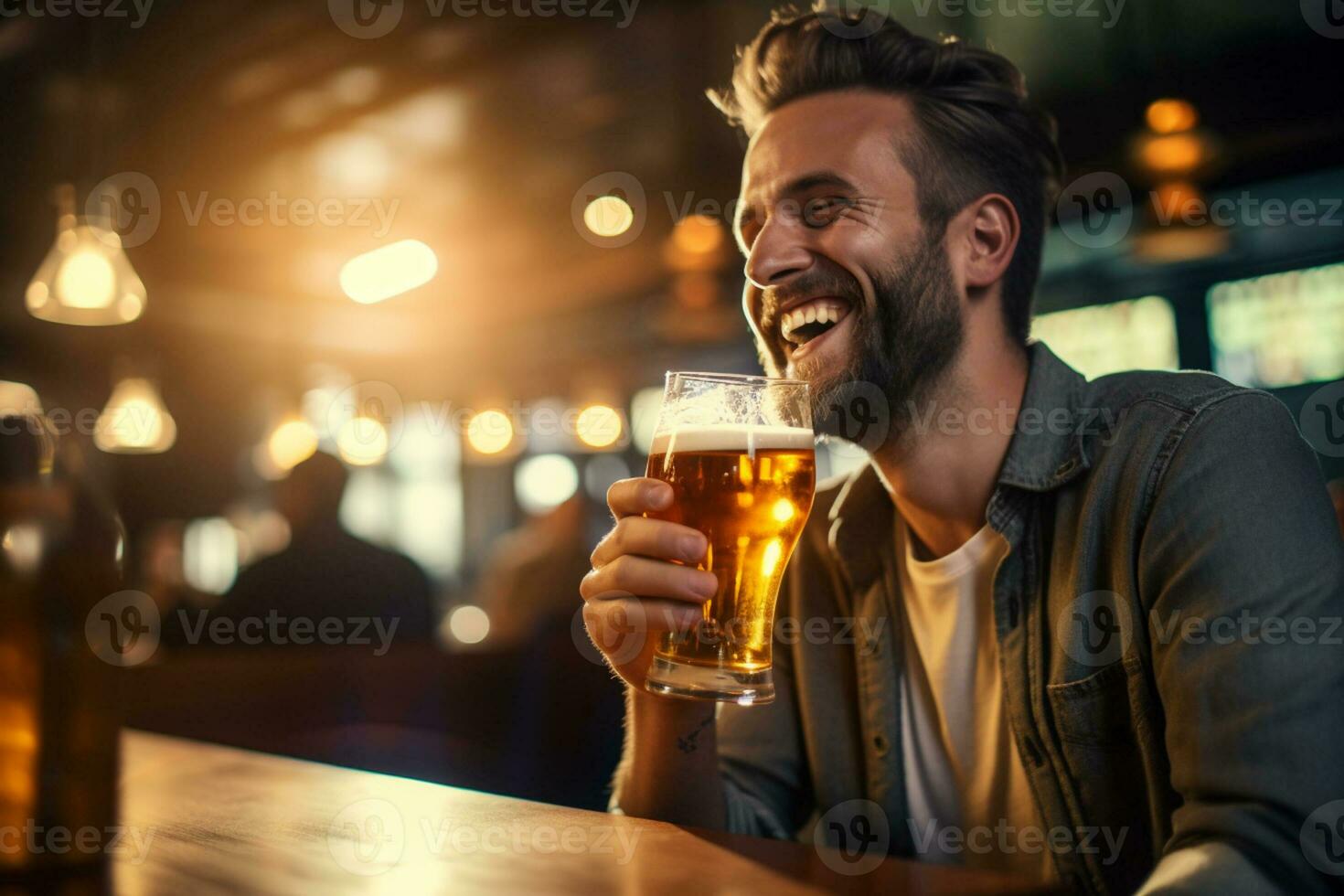 happy man holding a beer on the bar counter bokeh style background with Generative AI photo