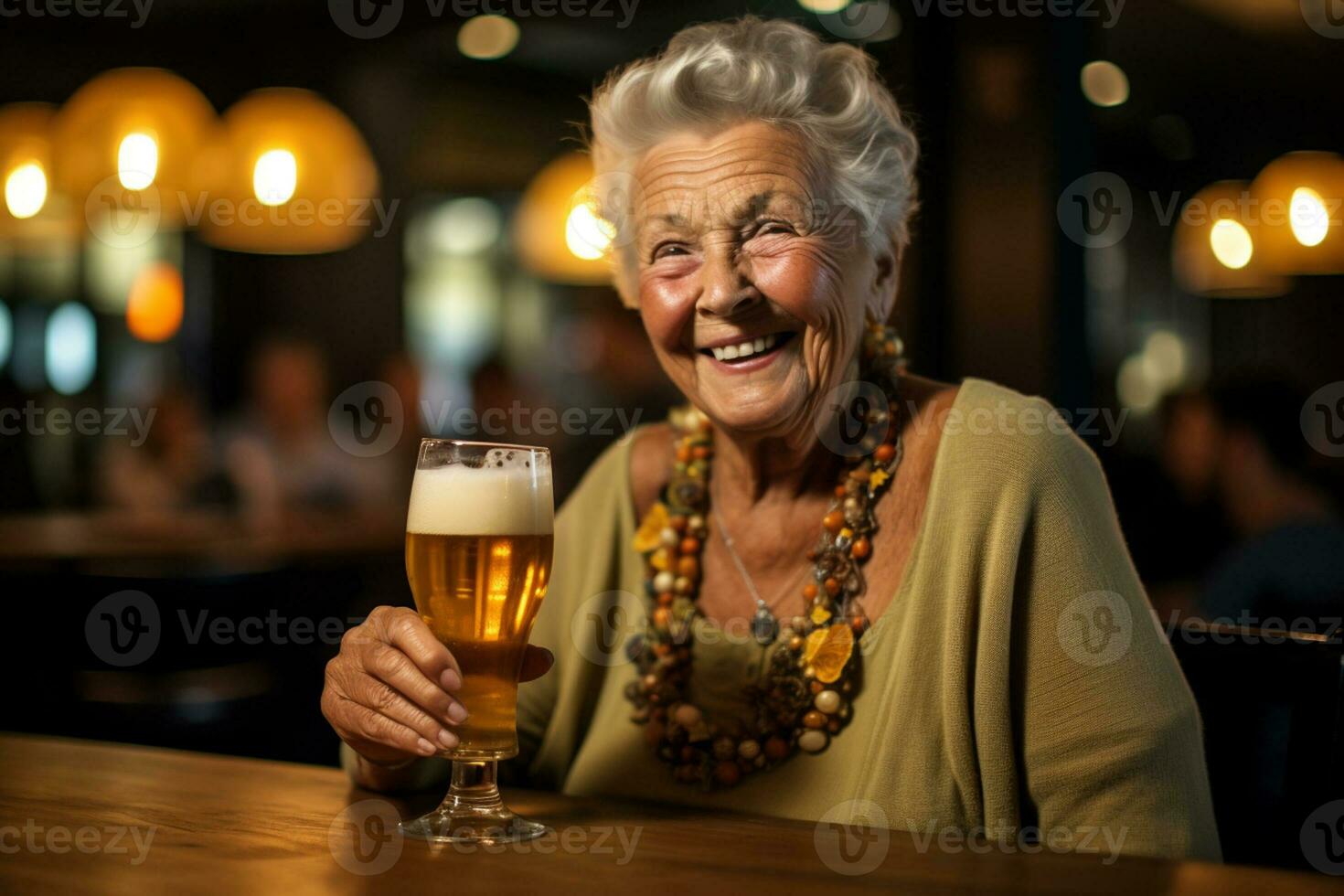 happy old woman holding a beer on the bar counter bokeh style background with Generative AI photo