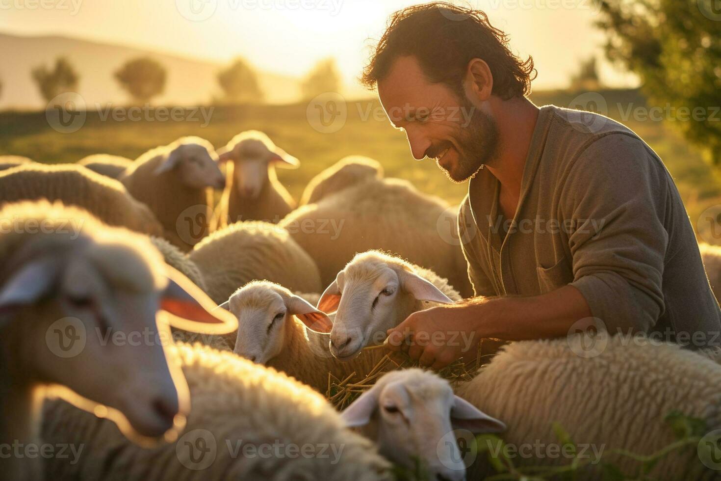 A shepherd farmer man feed a group sheep bokeh style background with Generative AI photo
