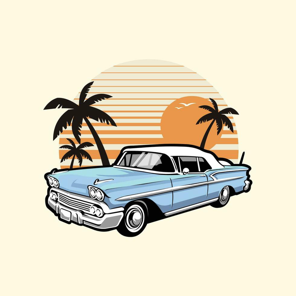 Classic Car in Beach Sunset Vibes Vector Art Illustration. Best for Automotive Tshirt Design