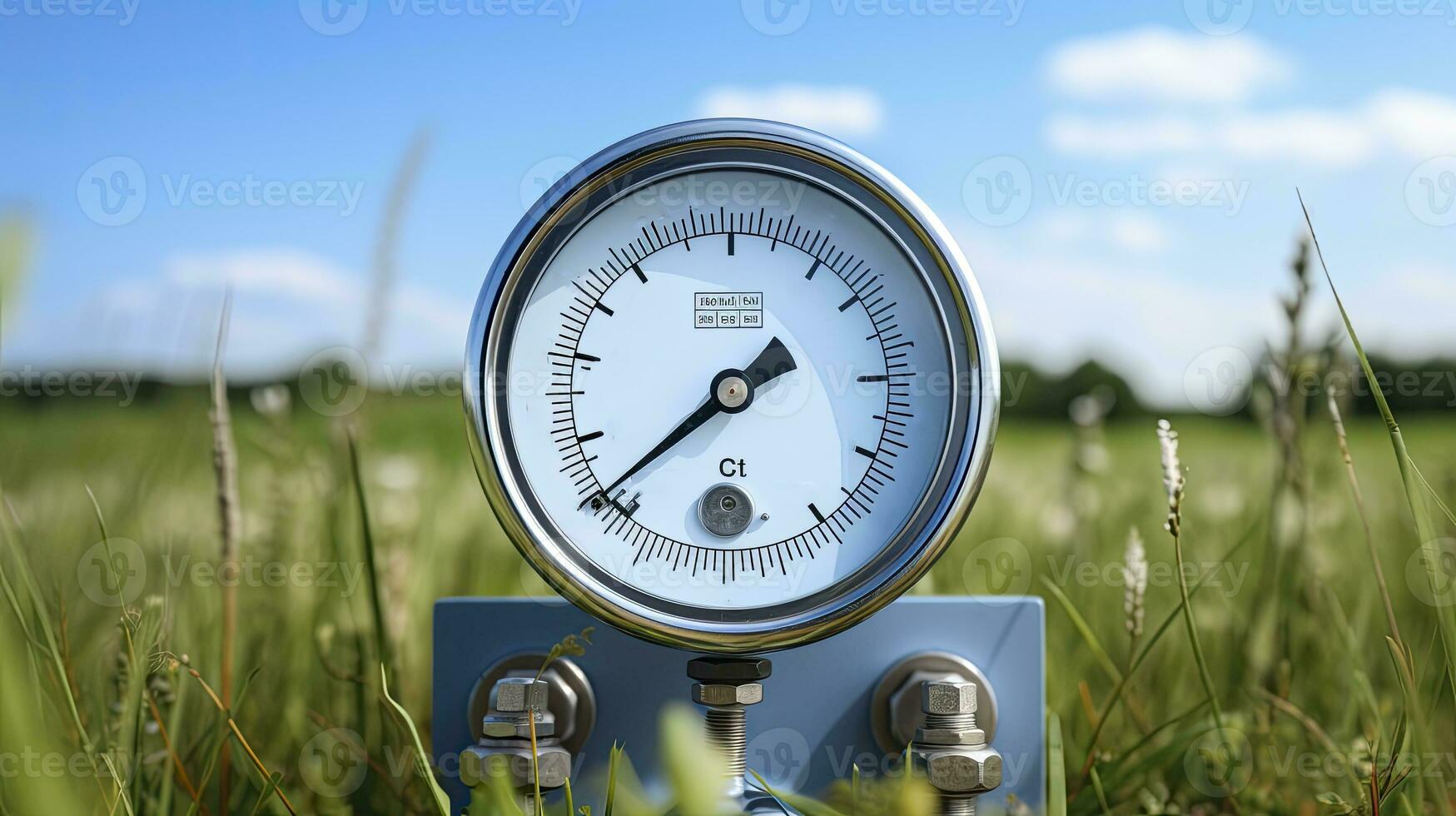 Pressure Gauges Against a Grassy Field with Light Gray and Azure Molecular Background. AI Generated photo