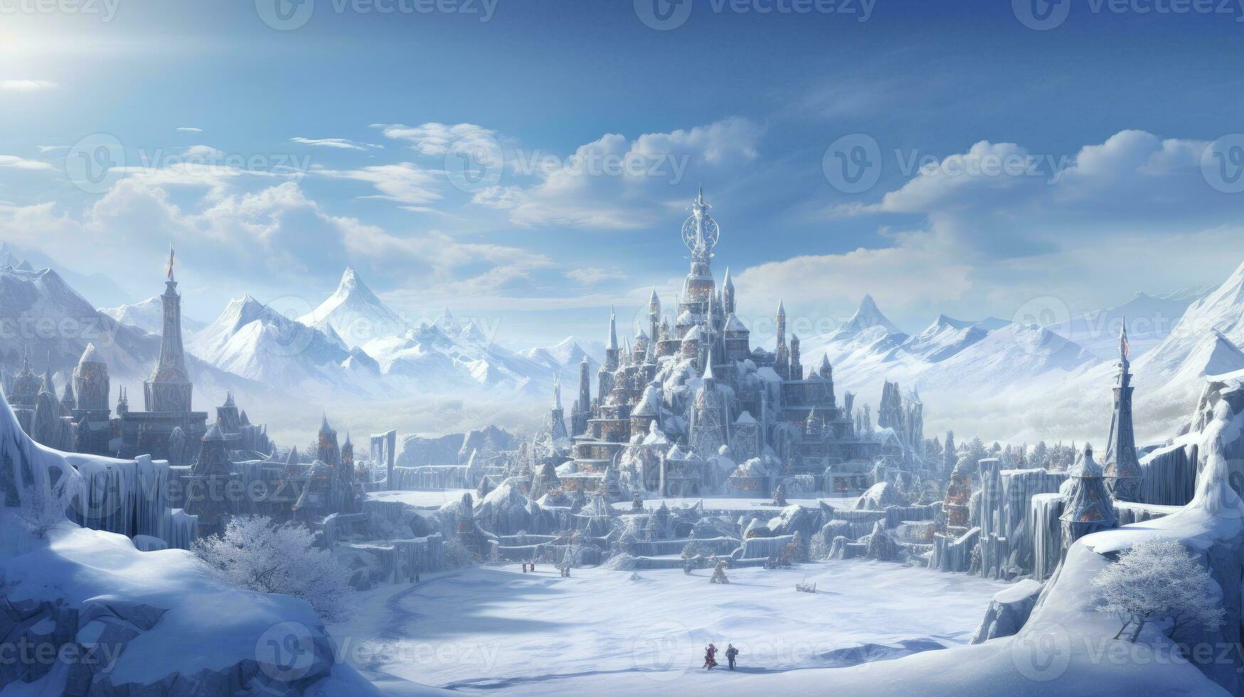 Snow-Capped Village Nestled Against Ice Mountains. AI Generated photo