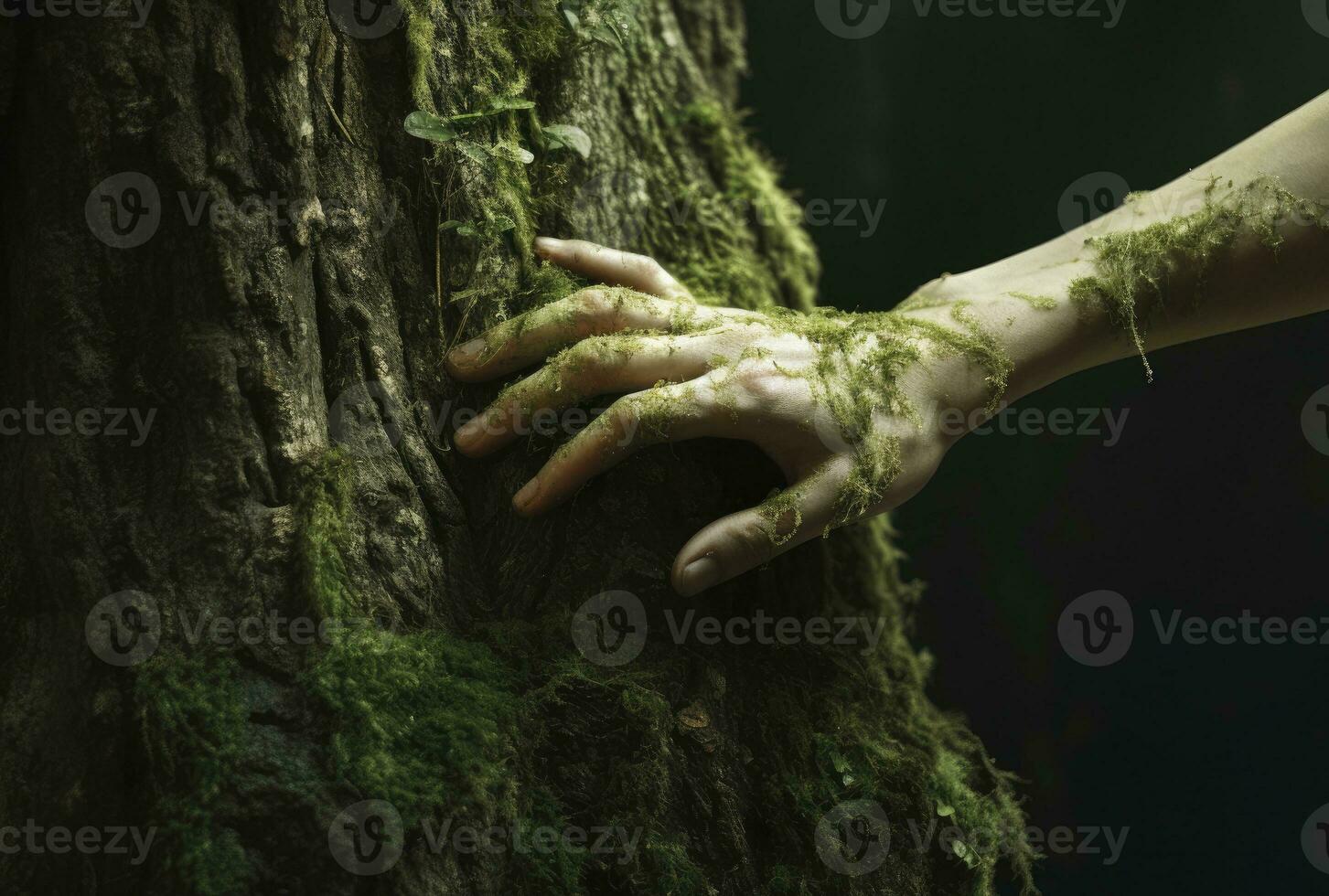 Woman's Hand Gently Touching a Moss-Covered Tree Trunk. AI Generated photo