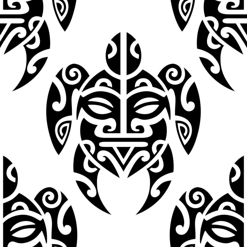 Seamless pattern with sea turtles. Marine life. Maori pattern. Stylish background. Black and white. vector