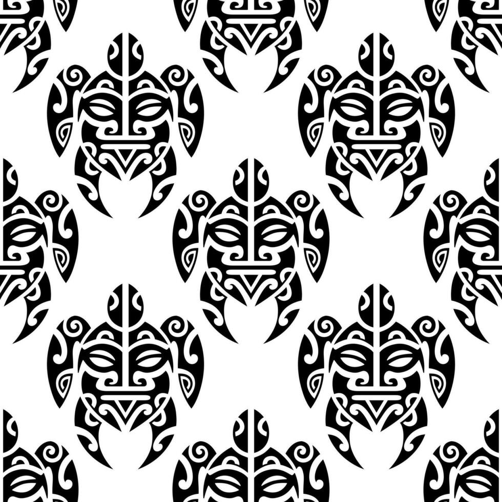 Seamless pattern with sea turtles. Marine life. Maori pattern. Stylish background. Black and white. vector