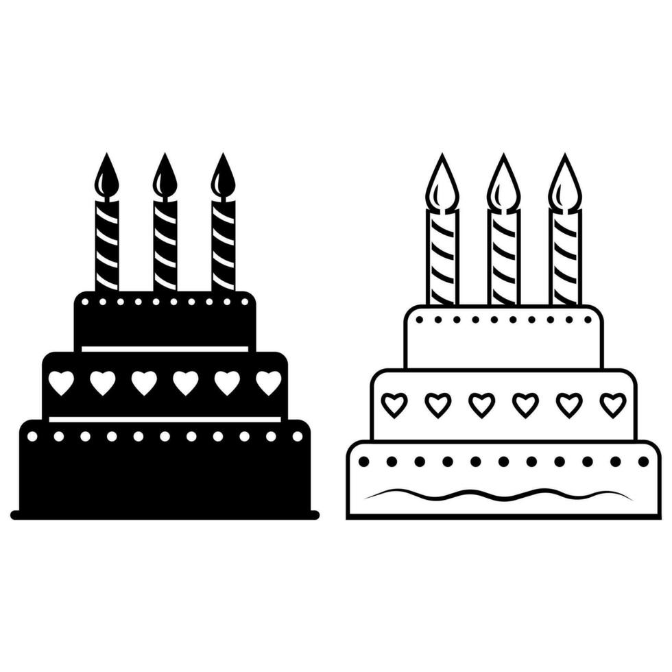 Cake with candles, sweet festive dessert, black outline, doodle style vector
