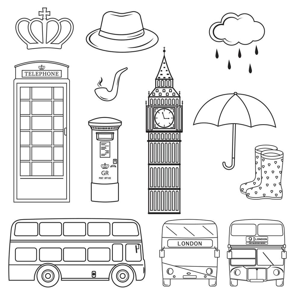 Vector set of London attractions. a set of vector silhouette illustrations of the sights of London, England.