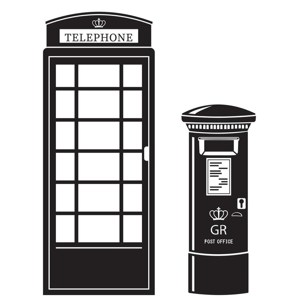 London postal street mailbox and telephone booth, black stencil, isolated vector illustration