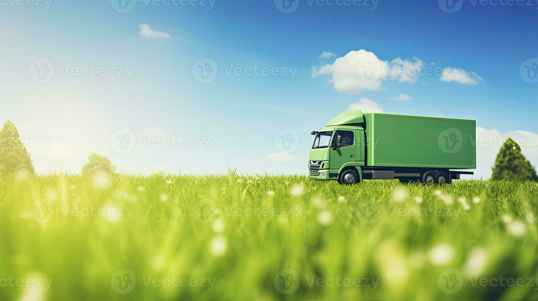 Green Truck Eco-Friendly Transportation Concept on Spring Meadow. AI Generated photo