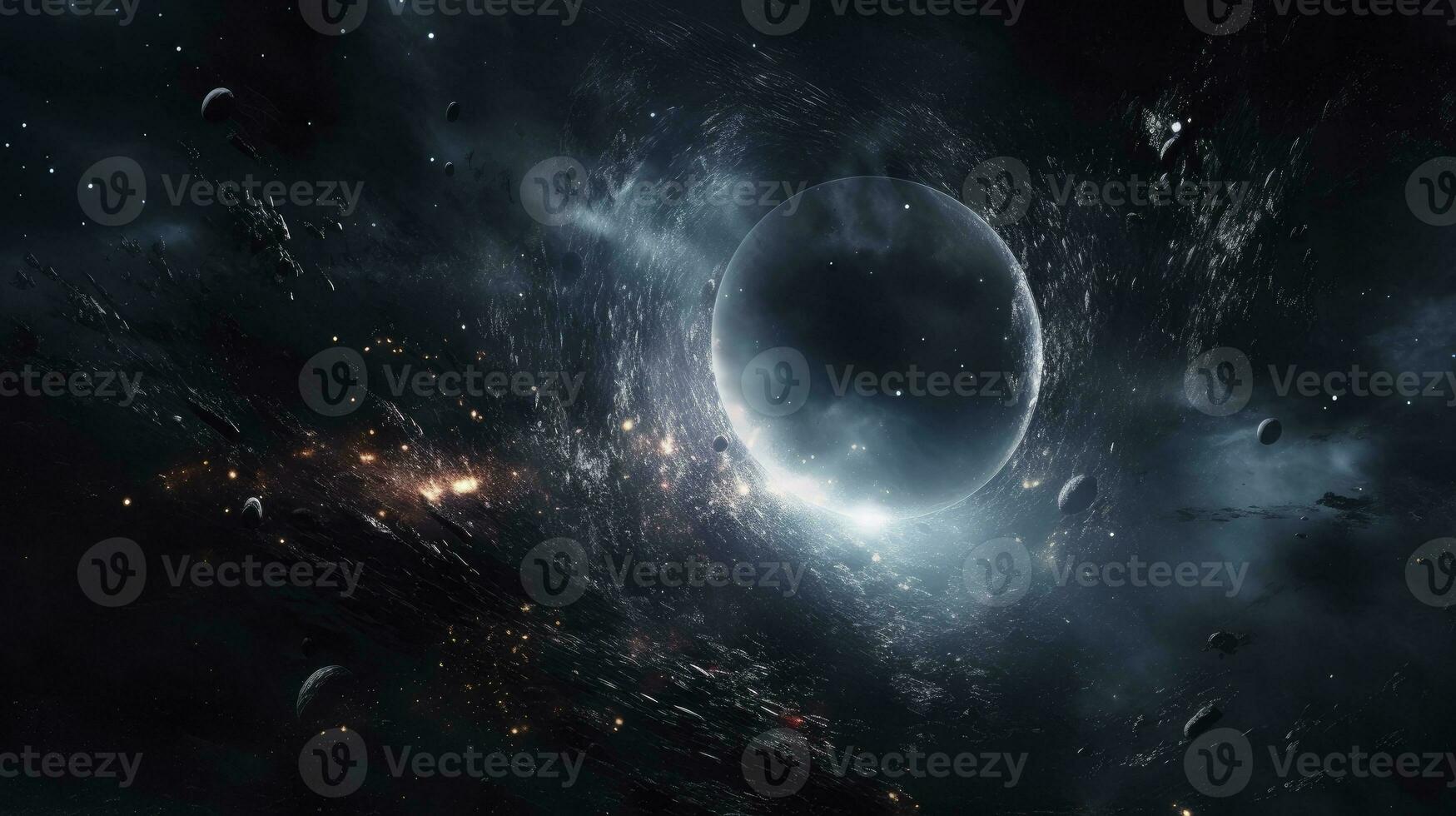 Abstract Space Wallpaper. Black Hole and Star Field Forming Letter O with Light Sparks. AI Generated photo