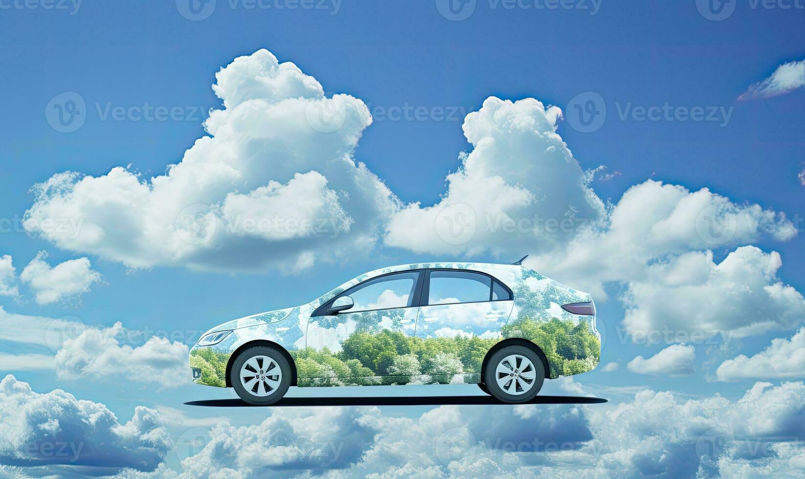 Respetuoso del medio ambiente coche y naturaleza en un azul cielo con nubes inspirado en la naturaleza transporte. ai generado foto