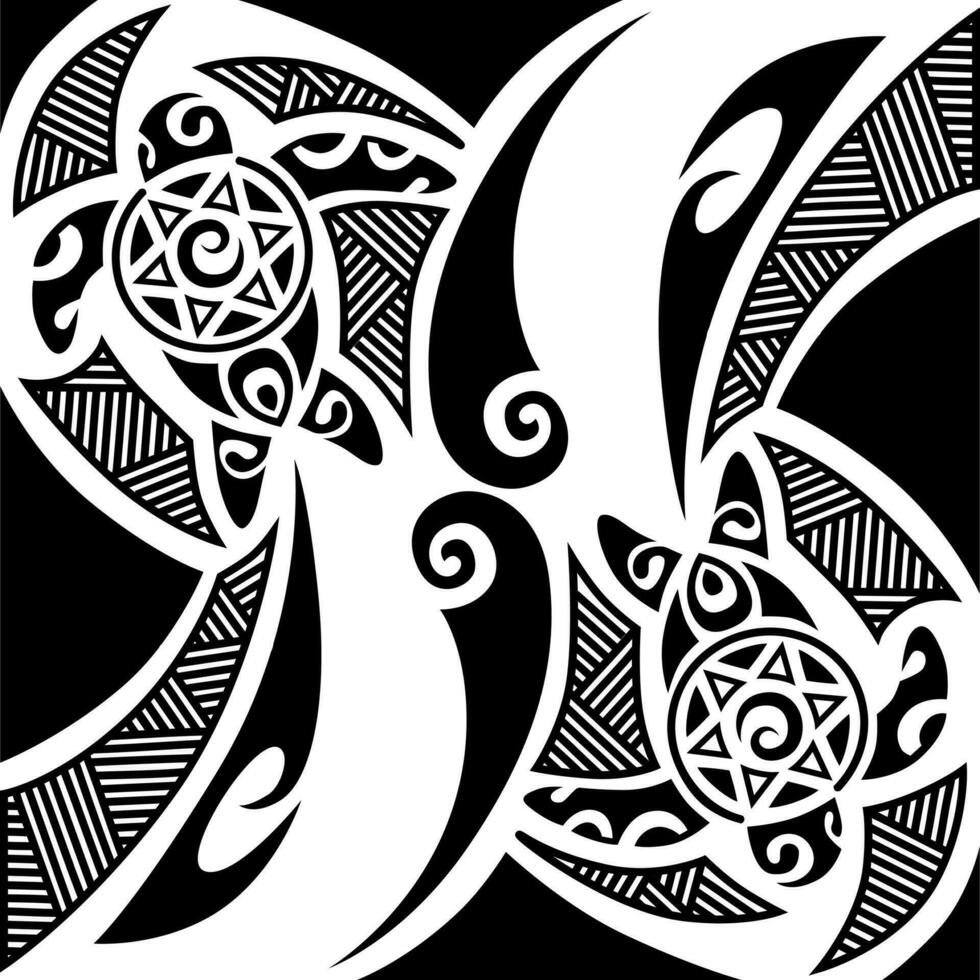 Seamless pattern with sea turtles. Marine life. Maori pattern. Stylish background. Black and white. vector