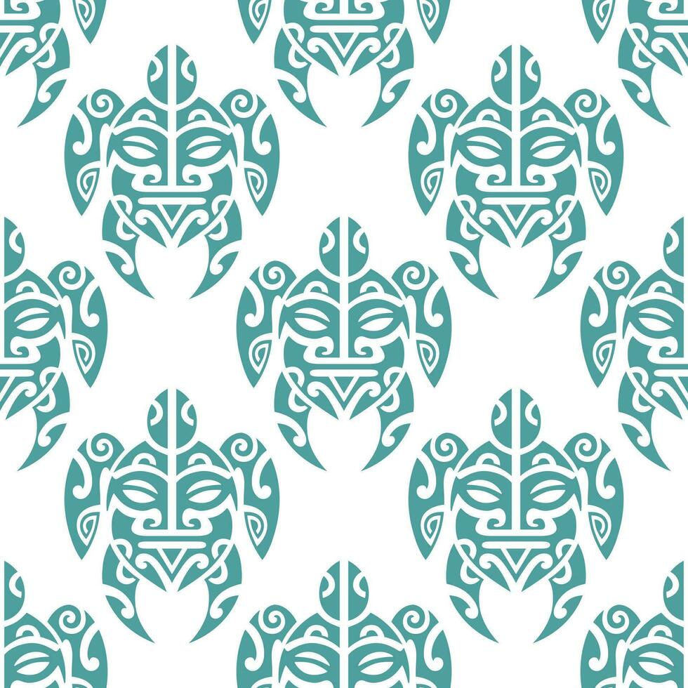 Seamless pattern with sea turtles. Marine life. Maori pattern. Stylish background. Blue and white. vector