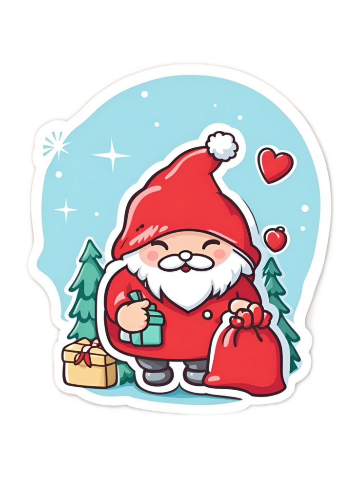 sticker of cute cartoon Santa Claus coming in Christmas day with gifts by AI Generative png