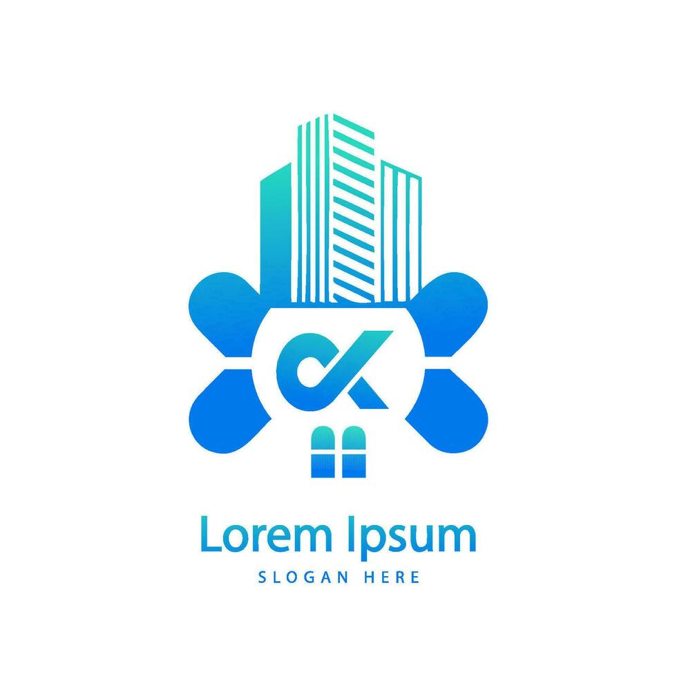 modern Cx letter real estate logo in linear style with simple roof building vector