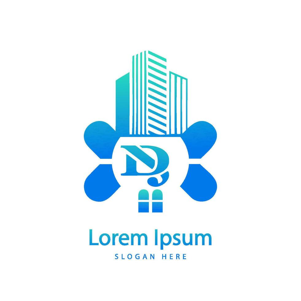 modern DJ letter real estate logo in linear style with simple roof building vector