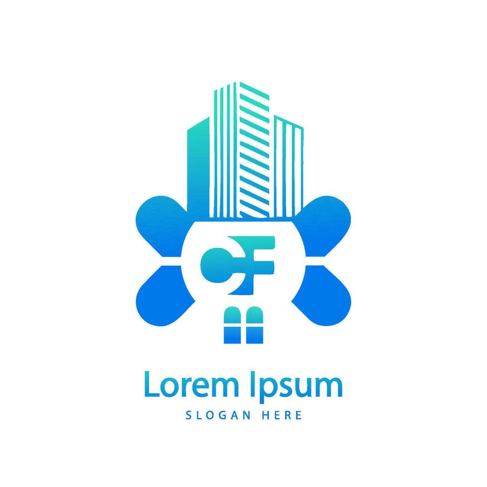 modern CF letter real estate logo in linear style with simple roof building vector