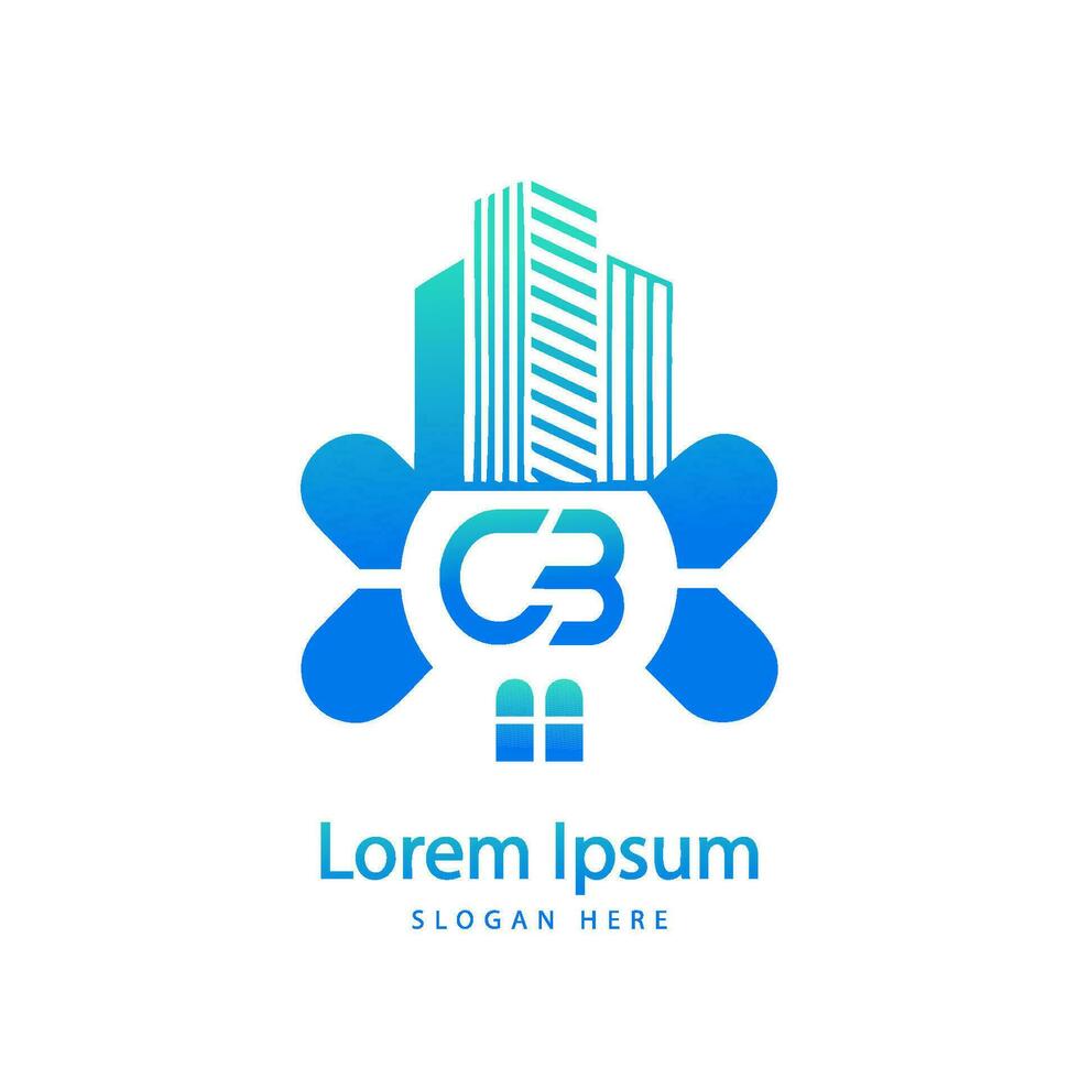 modern CB letter real estate logo in linear style with simple roof building vector