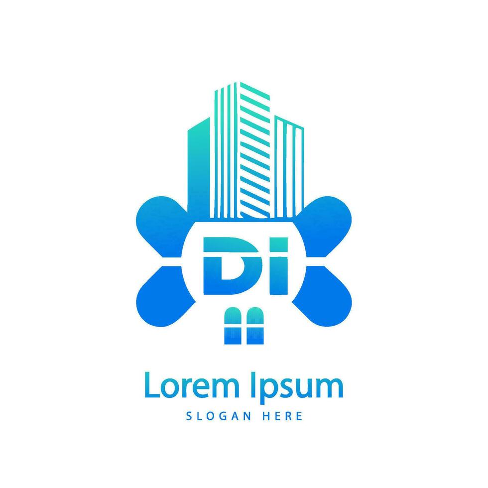 modern DI letter real estate logo in linear style with simple roof building vector