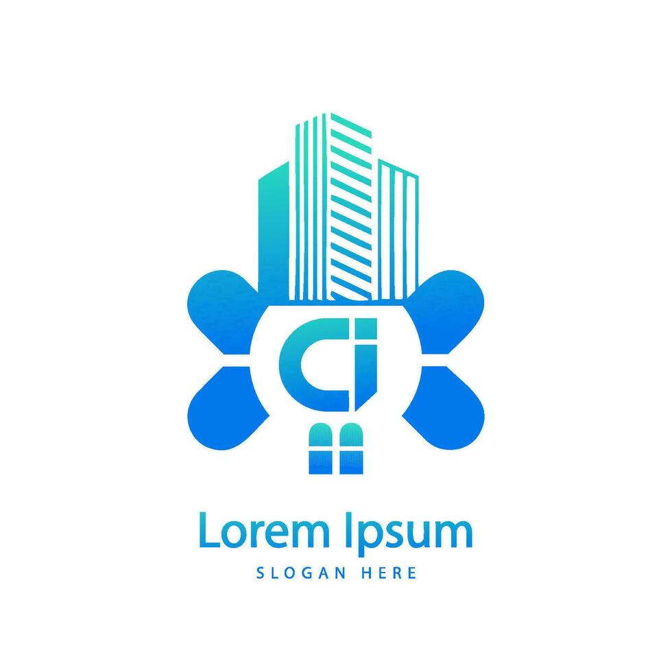 modern CI letter real estate logo in linear style with simple roof building vector