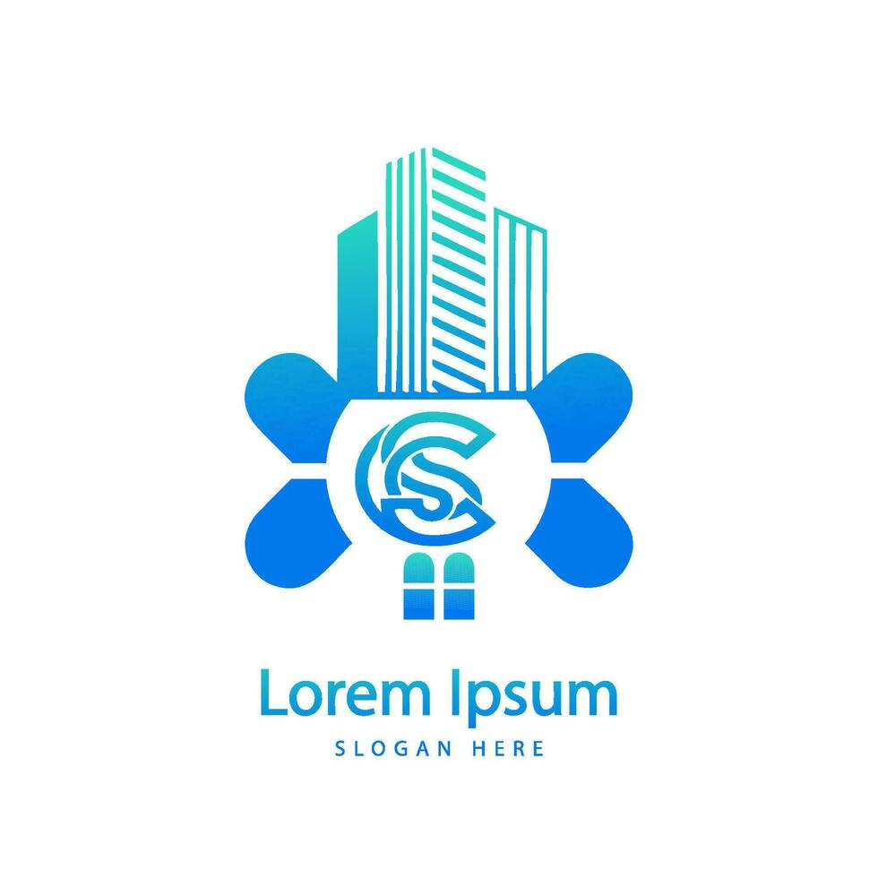 modern CS letter real estate logo in linear style with simple roof building vector
