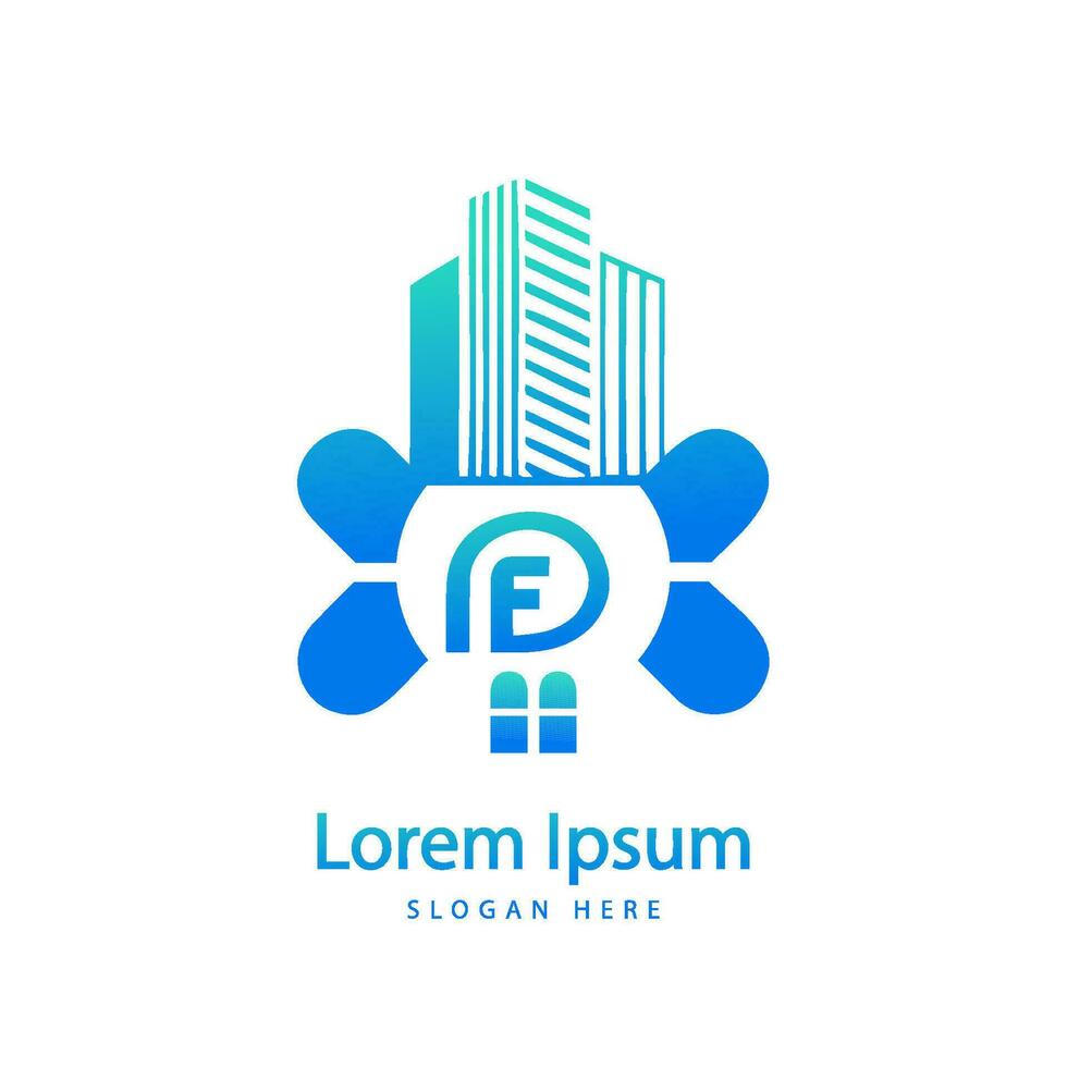 modern DF letter real estate logo in linear style with simple roof building vector