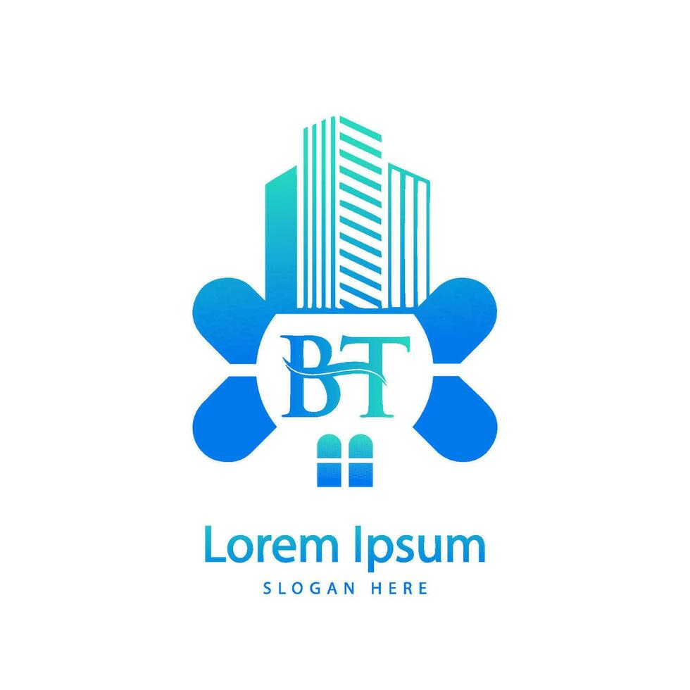 modern BT letter real estate logo in linear style with simple roof building vector