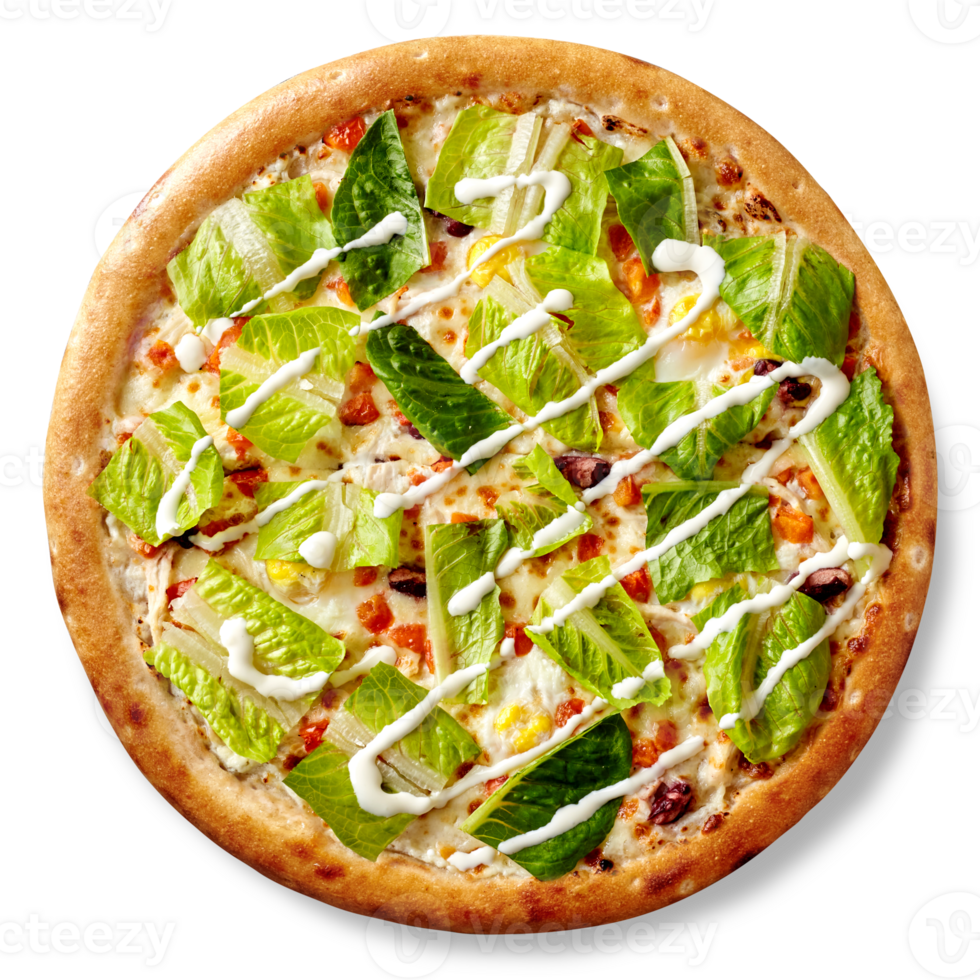 Pizza on yogurt base with mozzarella, chicken sous vide, quail eggs, lettuce png