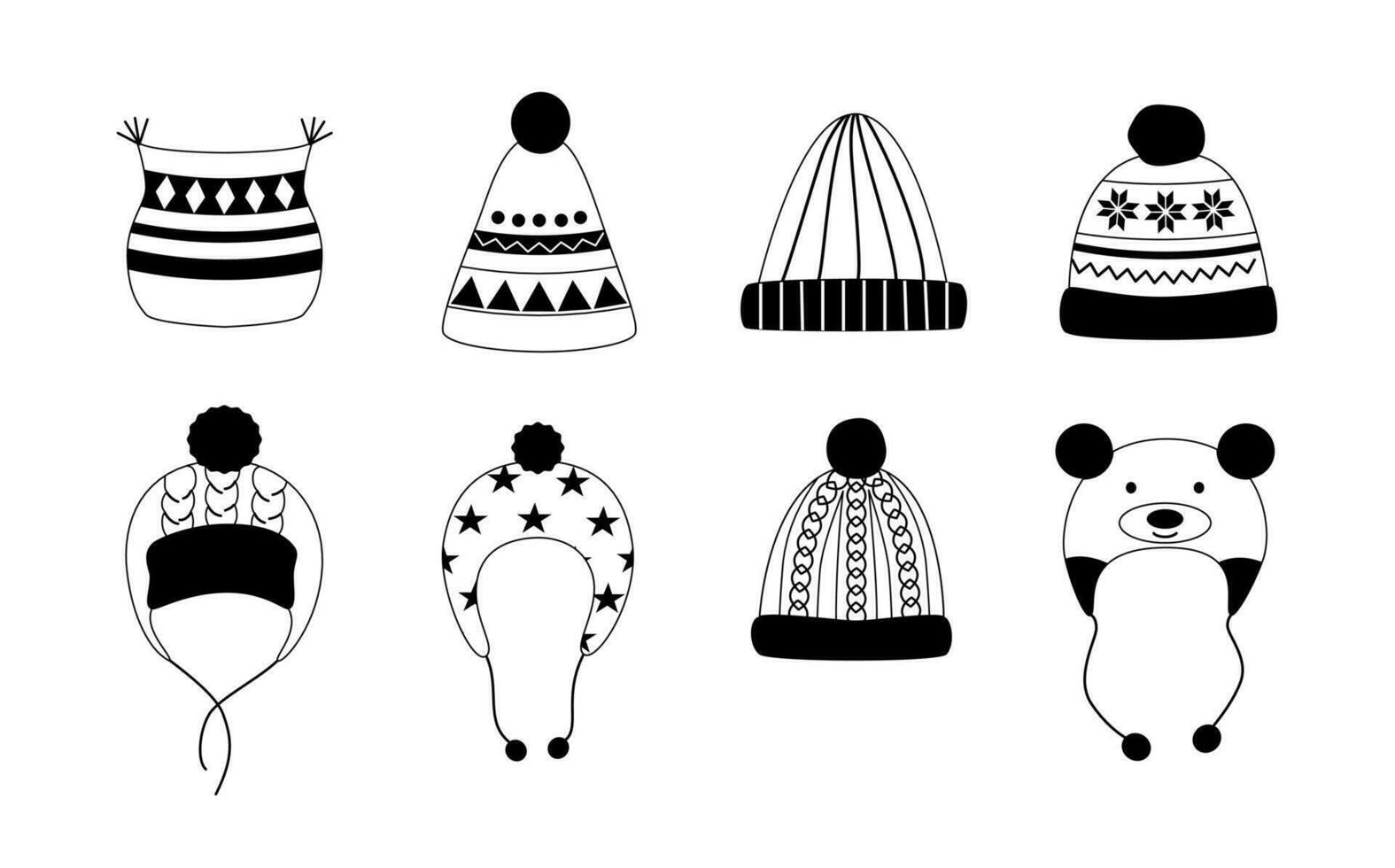 Linear winter hats. Doodles. Warm head wear. Autumn and winter accessories. Headgear. Line art. Coloring book. vector