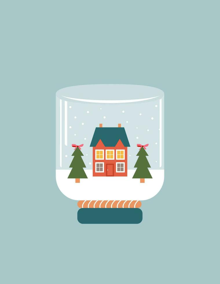 Snow globe, glass jar with winter house and Christmas trees inside. Winter magic. Christmas and New year. Greeting card, poster, background template. vector