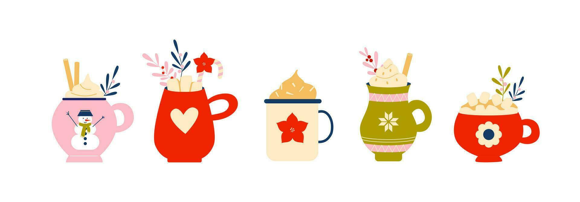 vistoso festivo tazas con caliente bebidas, crema y Malvaviscos. acogedor café y té tiempo. Navidad. vector