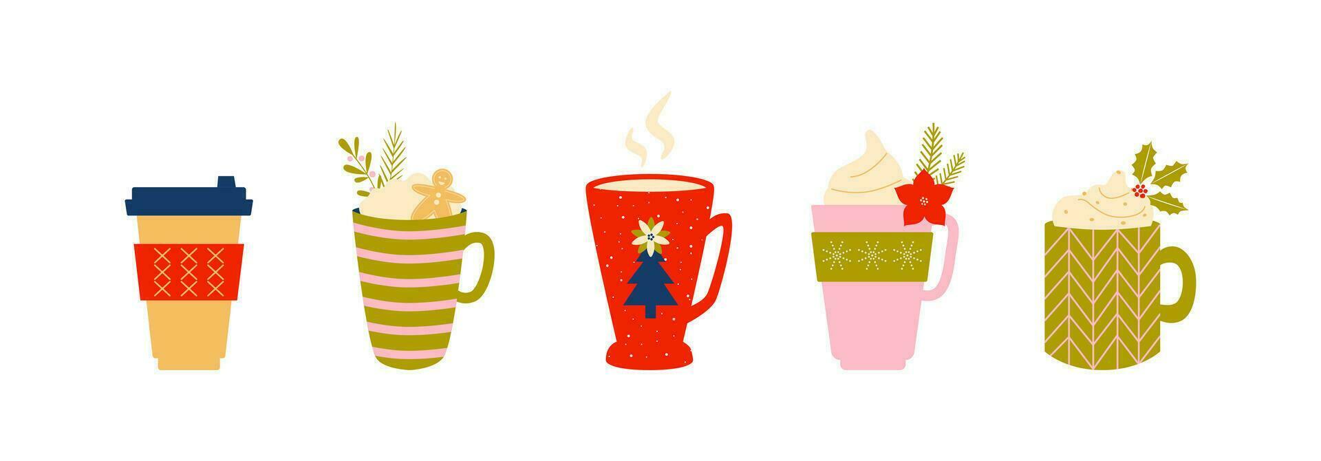 Colorful mugs with drinks. Cozy season. Christmas and New year. vector