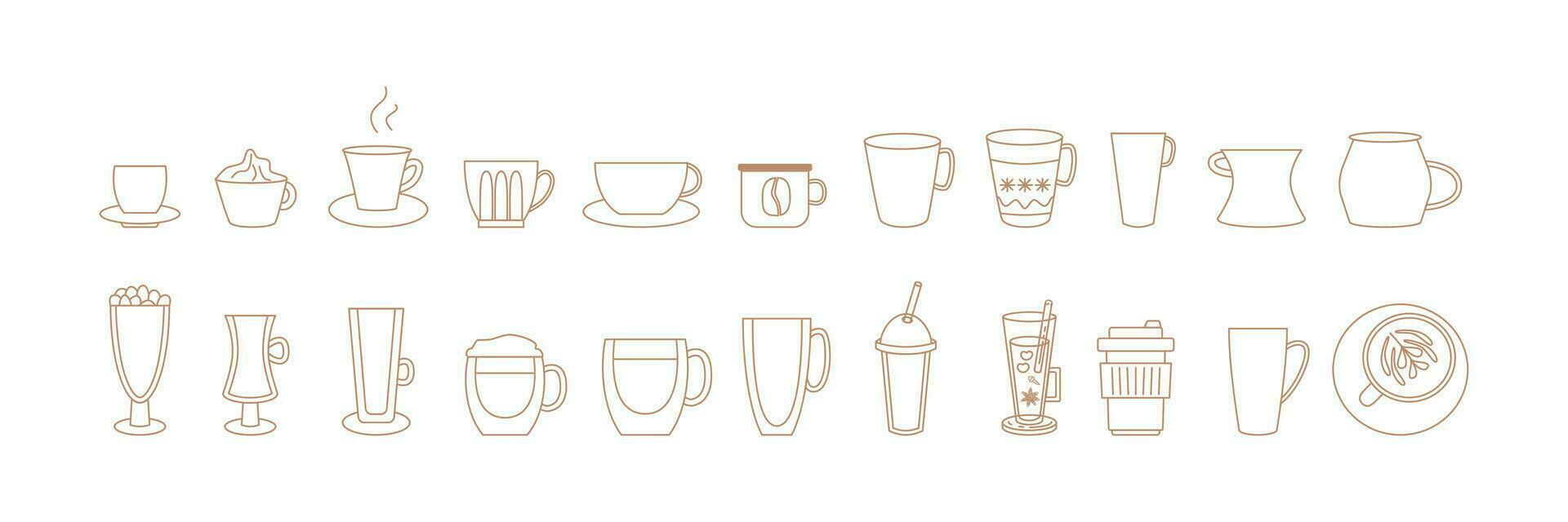 Linear coffee cups and mugs. Line art set. Icon, logo, emblem, sticker. Doodle drawings. Coffee house. vector