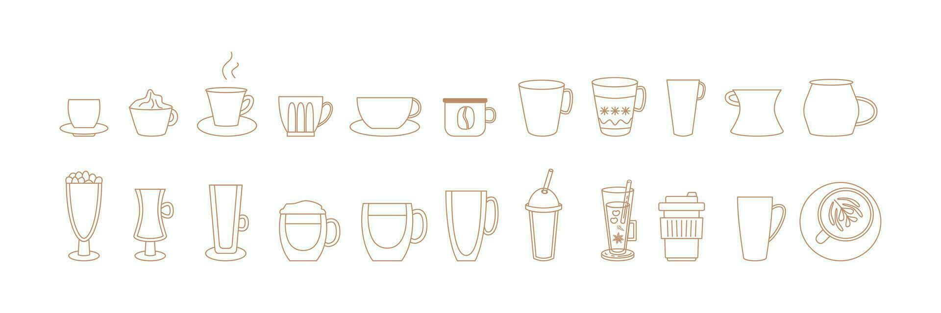 lineal café tazas y tazas línea Arte colocar. icono, logo, emblema, pegatina. garabatear dibujos. café casa. vector