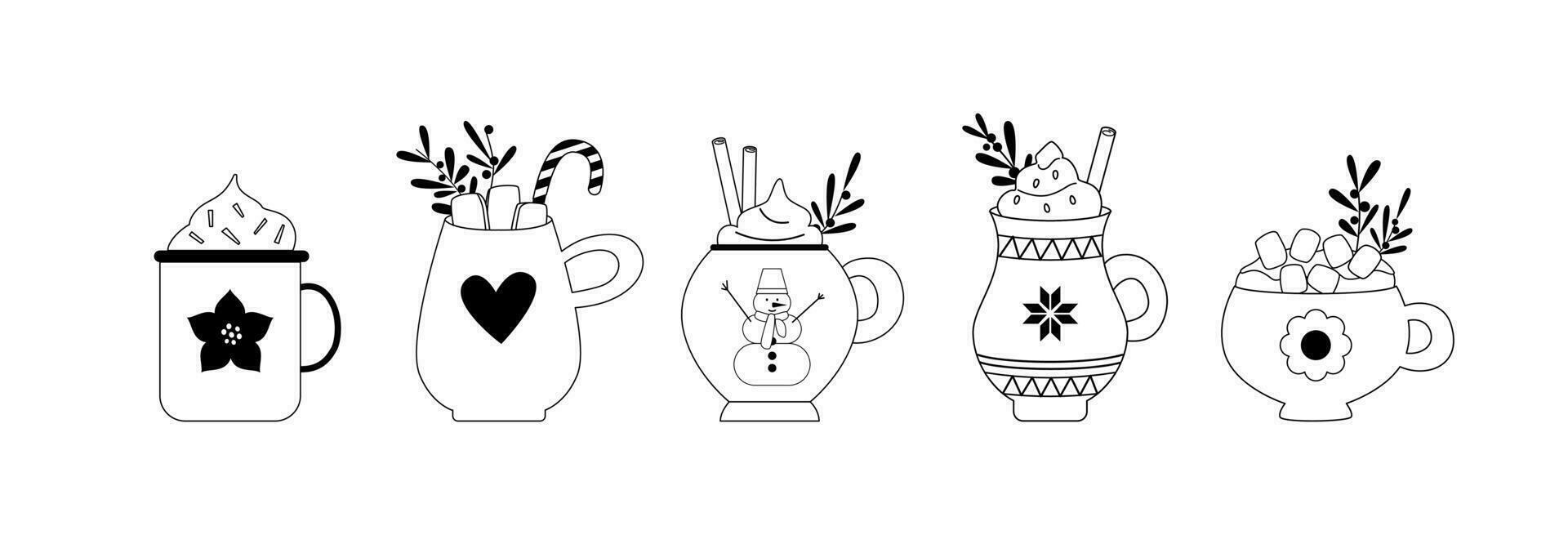 Linear mugs and cups with winter hot drinks. Doodles. Coffee, chocolate, whipped cream, cocoa, marshmallow. Christmas and New Year. Line art. Coloring book. vector
