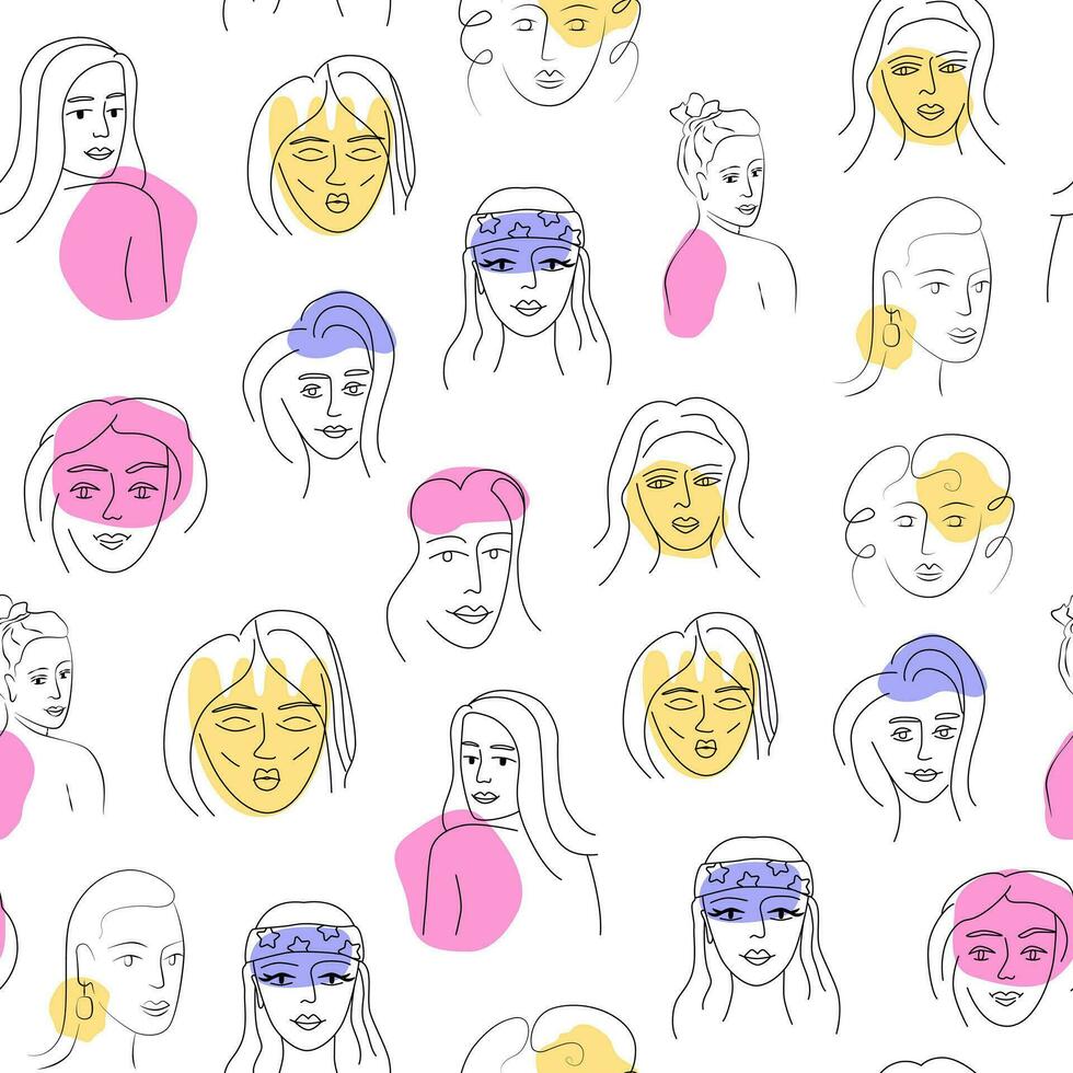 Woman diversity seamless pattern. Contemporary line art. Female doodle faces. Woman power and sisterhood concept. Feminine equality. Background, wallpaper, digital paper, banner. vector