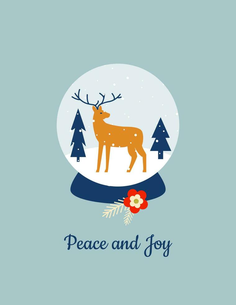 nieve globo con indeer y Navidad arboles adentro. invierno magia. paz y alegría inscripción. Navidad y nuevo año. saludo tarjeta, póster, antecedentes modelo. vector