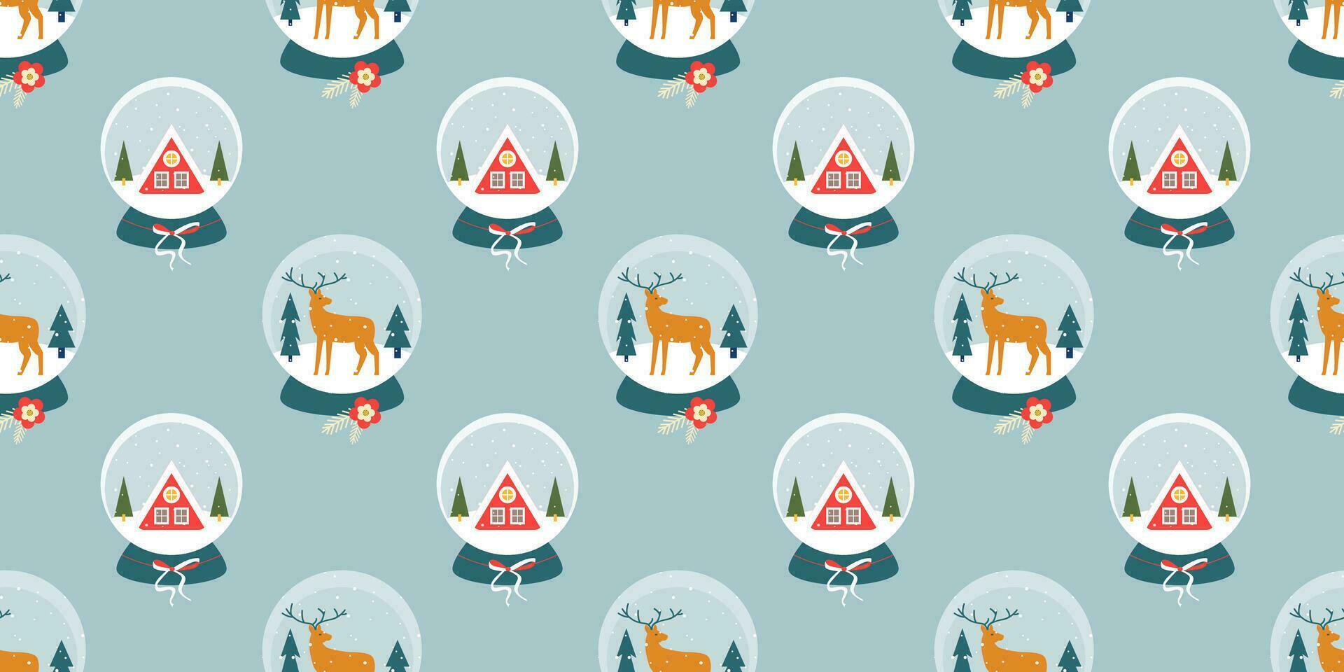 Snow globes with indeer, winter houses and Christmas trees inside. Winter magic seamless pattern.  Christmas and New year. Banner, background, digital paper, wrapping paper. vector
