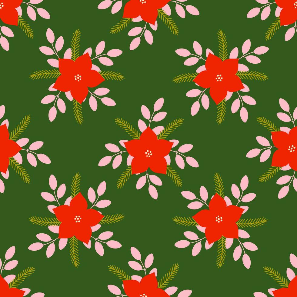 Floral winter seamless pattern. Poinsettia flower arrangement, bouquet. Retro vintage Christmas. Festive fancy background. New year. Wallpaper, digital paper, banner. vector