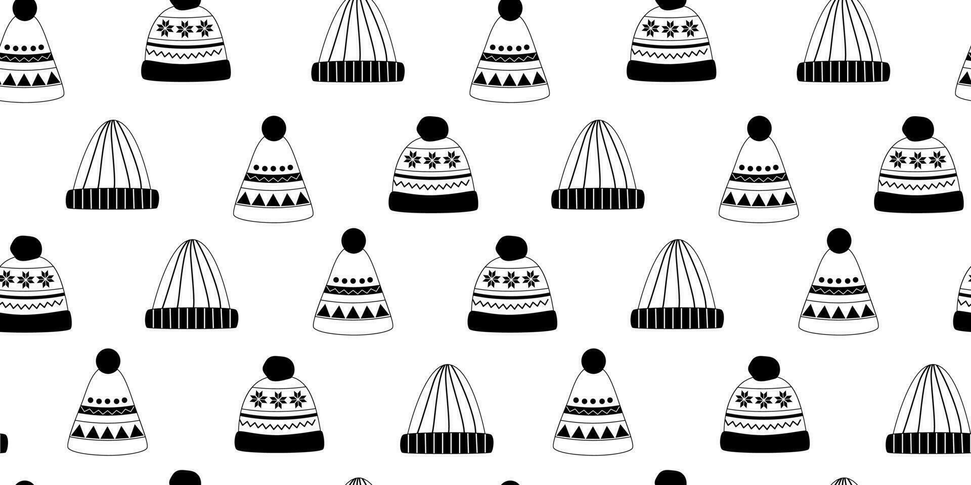 Linear warm hats seamless pattern. Doodles. Warm head wear. Autumn and winter essentials. Christmas. Line art. Coloring book. Background, digital paper, wrapping paper. vector