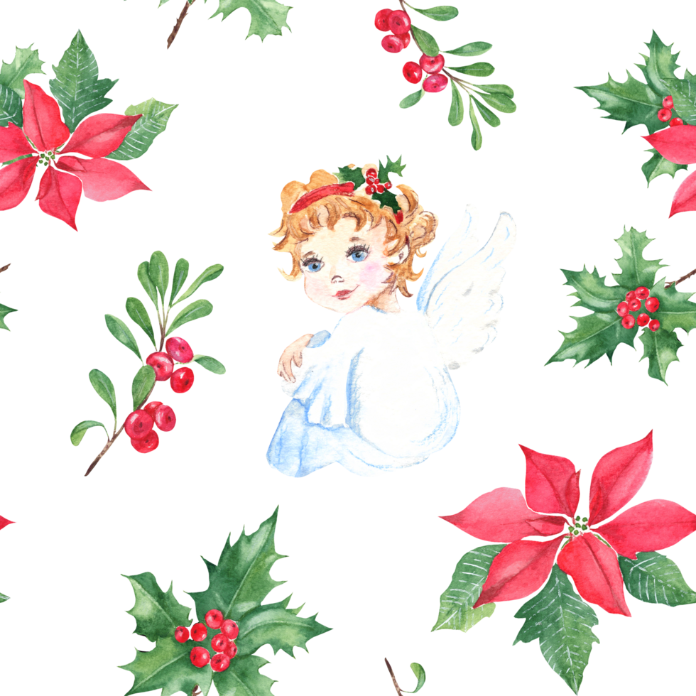 Christmas hand drawn seamless pattern with angel and winter plants. Holly with red berries, red poinsettia and cowberry or lingonberry. For fabric or textile prints, gift packaging paper. png