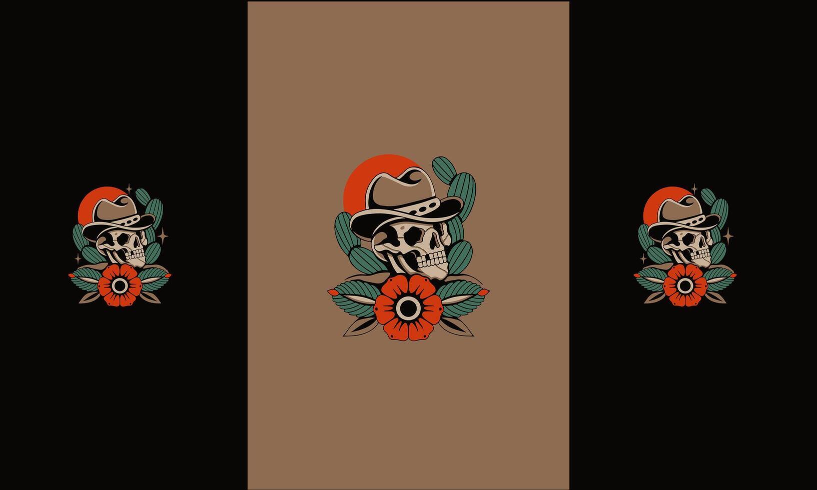 vaquero cráneo y flores vector plano diseño