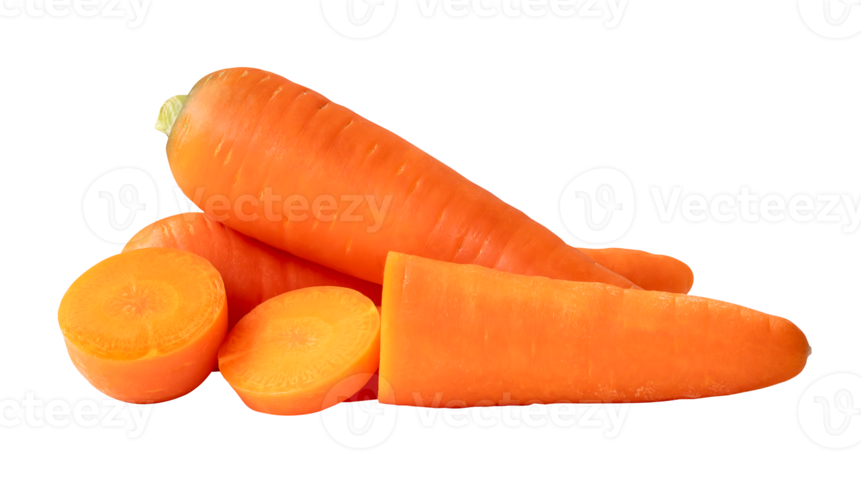 Two fresh orange carrots with slices in stack isolated with clipping path in png file format Close up of healthy vegetable root