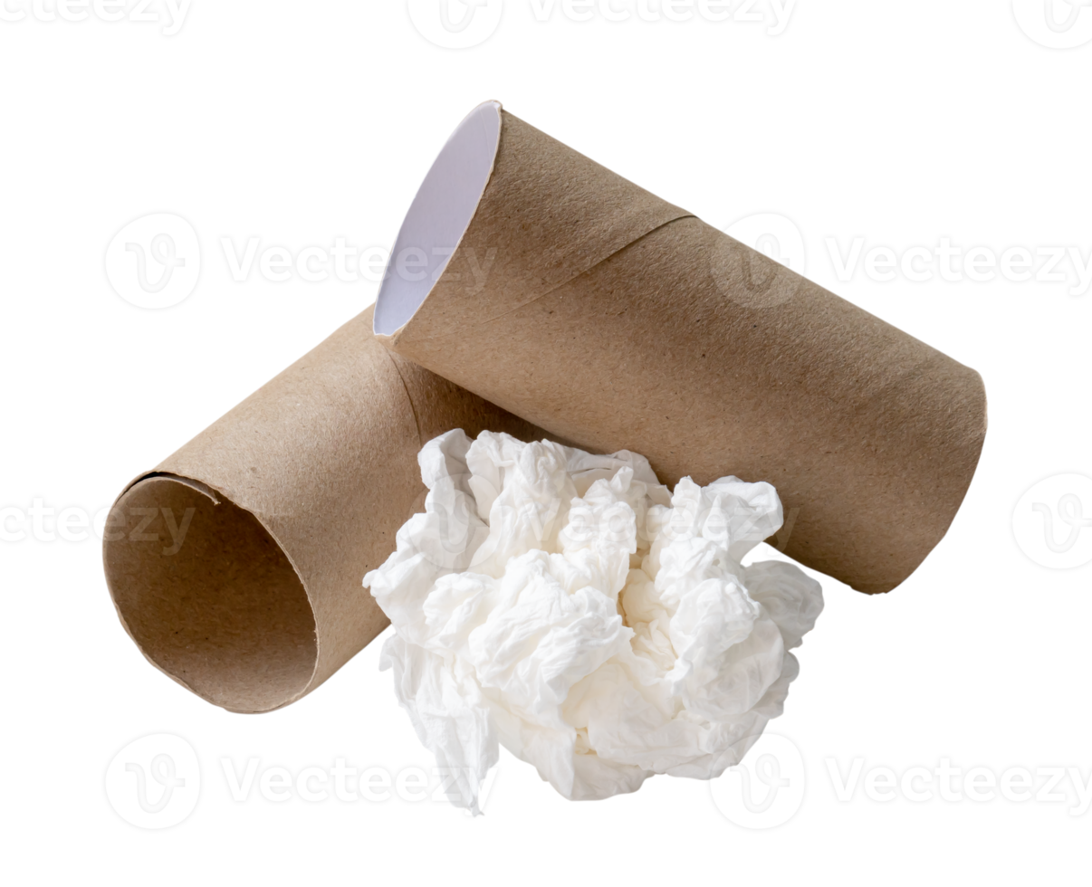 Single white screwed or crumpled tissue paper or napkin in strange shape after use in toilet or restroom with tissue paper cores in stack isolated with clipping path in png file format
