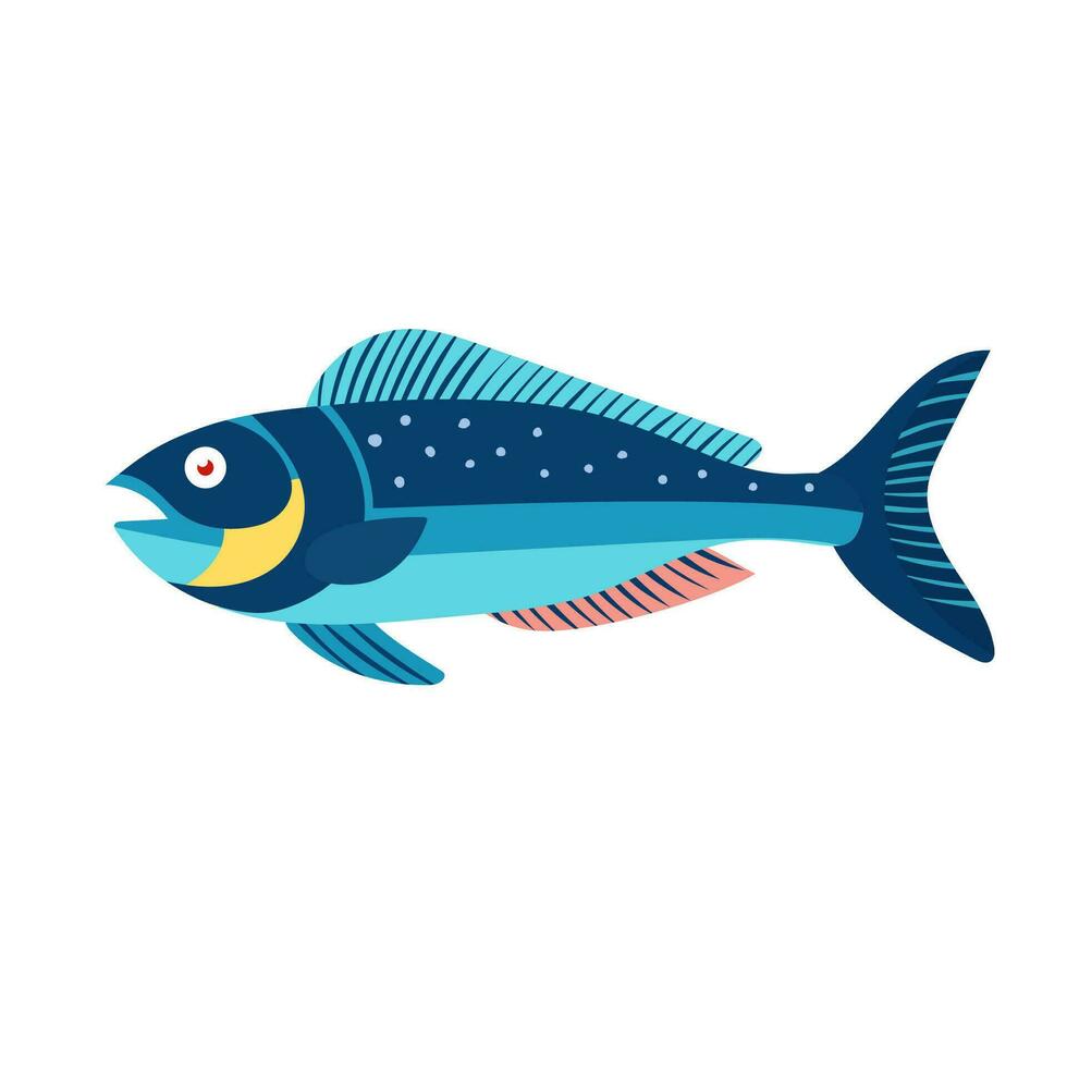 Vector blue fish, marine animal isolated on white background.