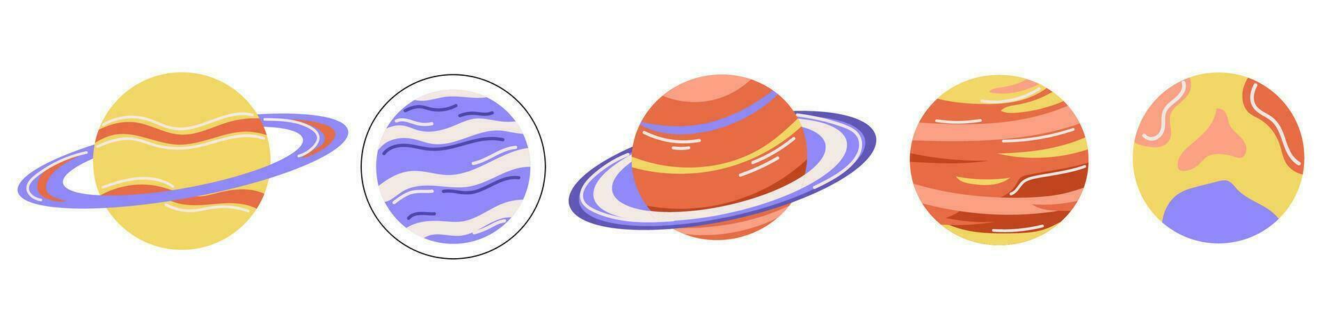 Set of stylized planets, space, saturn, jupiter, study planets, vector in doodle flat style, isolated on white.